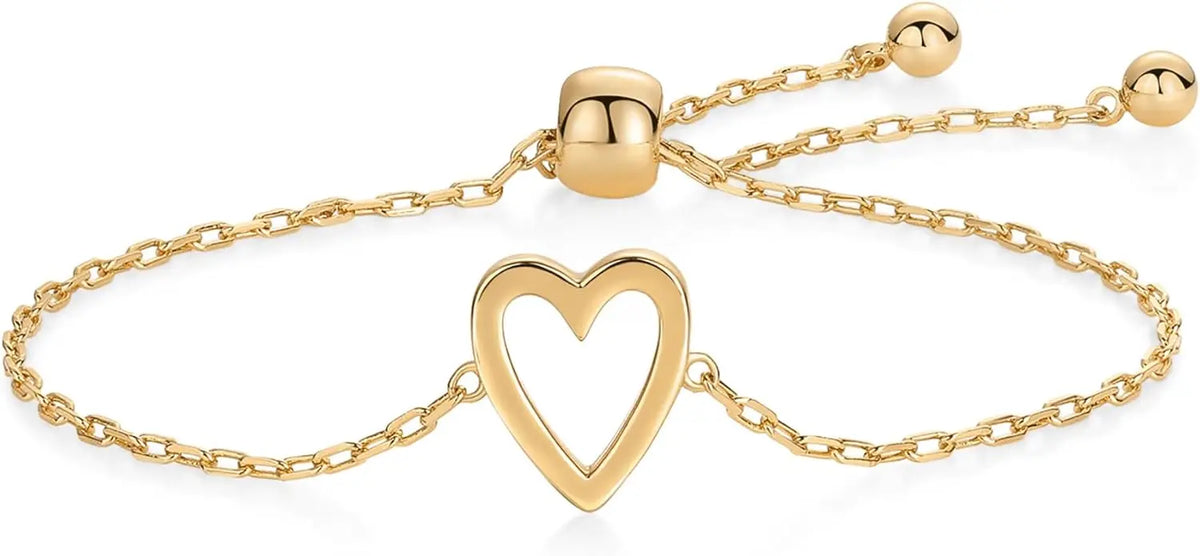14K Gold Plated Stainless Steel Matching Heart Charms Solitaire Bracelet Set for Women Best Friend Adjustable Love Friendship