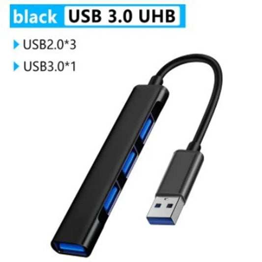 Black USB Type-C 4-port hub with 3 USB ports and one USB-C plug