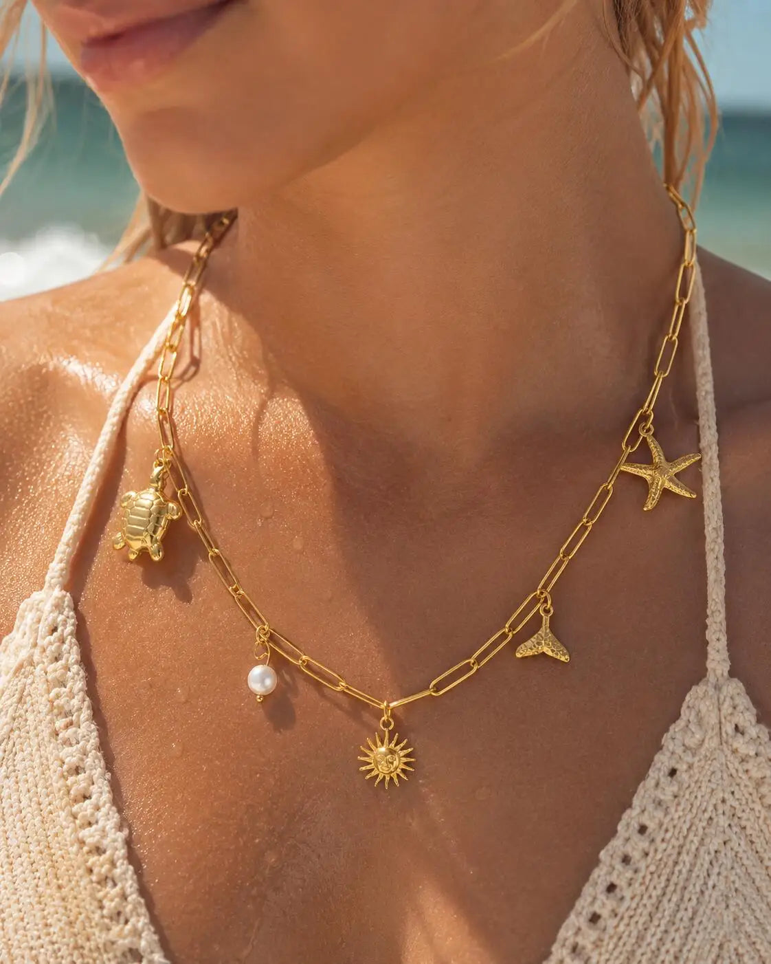 18K Gold Plated Pearl, Shell, Conch, Starfish Summer Beach Necklace for Women, Stainless Steel Waterproof Charm Jewelry