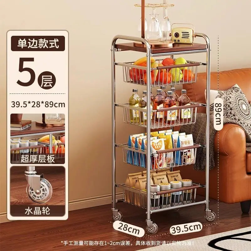 Wooden Rolling Kitchen Cart with 4/8 Baskets, Fruit Vegetable Storage Rack