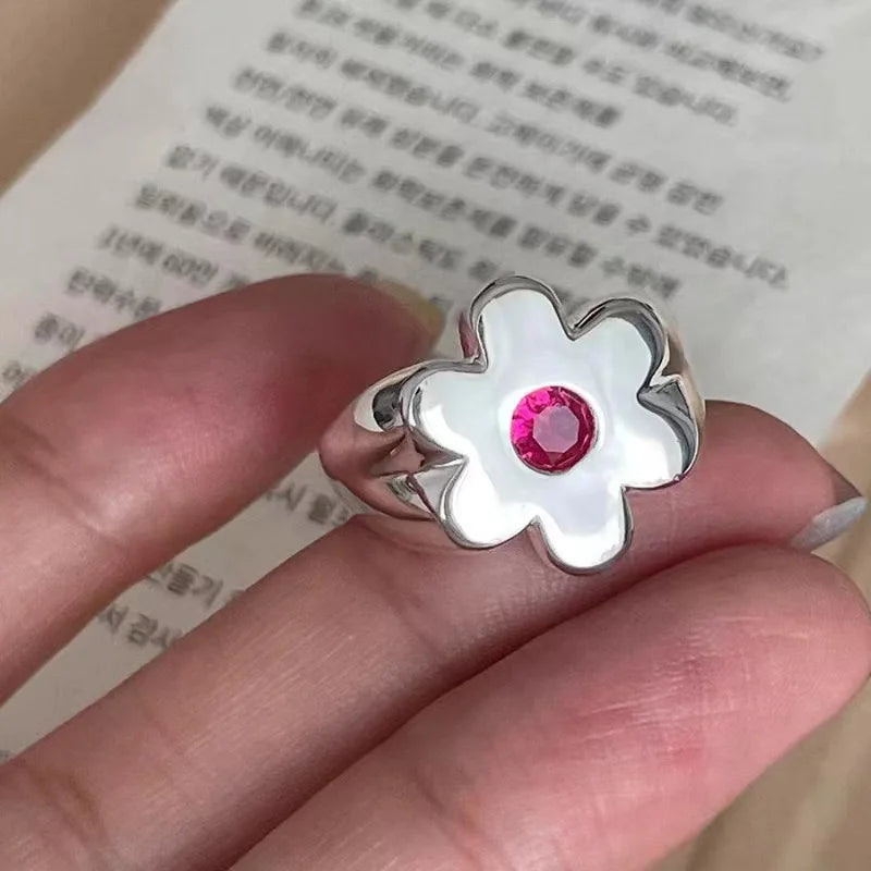 Personality Sweet Flower Smooth Surface Opening Ring Trend Wide-edged Index Finger Ring for Women Korea Fashion Jewelry Gifts