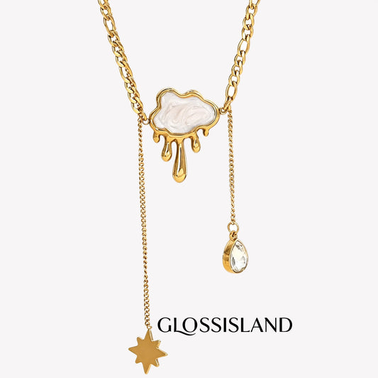 Gold double-layer cloud tassel necklace with star and teardrop charm accents