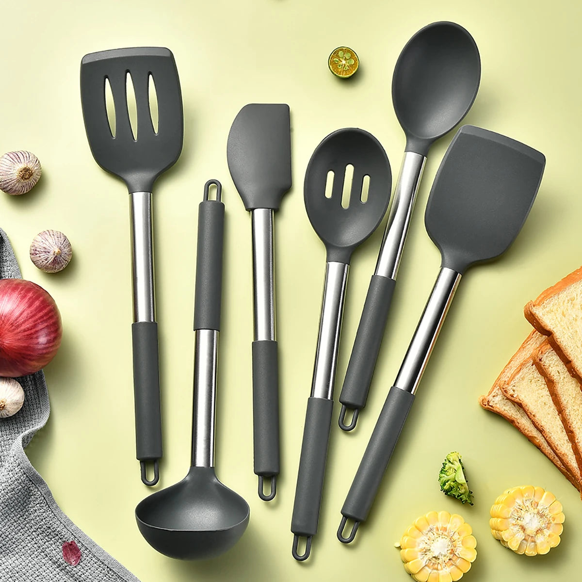 2/4/6/8pcs Silicone Kitchenware Set Stainless Steel Hand Shovel Soup Spoon Spaghetti Claw Cooking Set Household Kitchen Tool Set