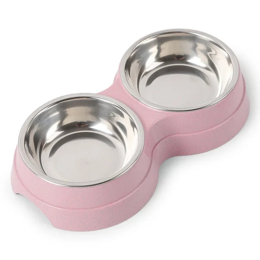 Pink double pet bowl feeder with two stainless-steel cups for food and water