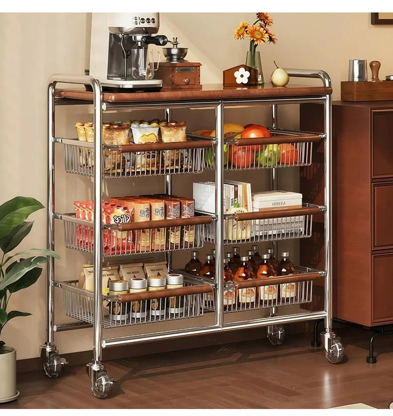 Wooden Rolling Kitchen Cart with 4/8 Baskets, Fruit Vegetable Storage Rack