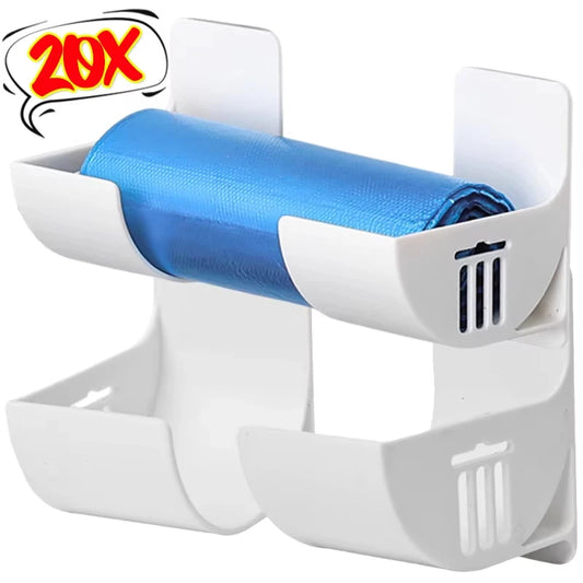 White plastic wall-mounted trash bag dispenser holder with blue roll fitted