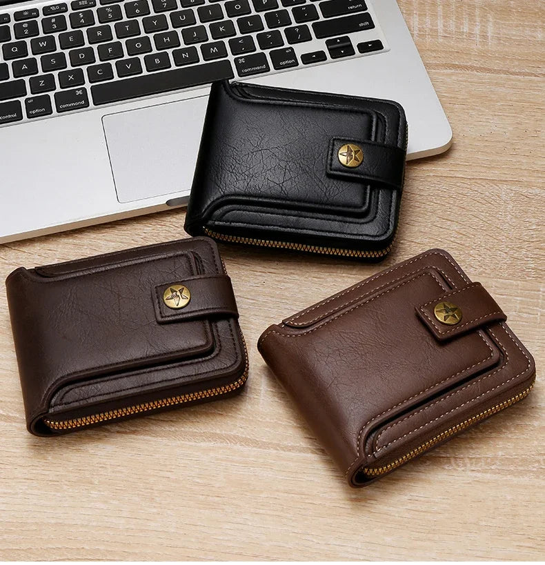 Short Horizontal Zipper Coin Pocket Tri-fold Card Case Purse Billetera Hombre Vintage Men High Quality PU Leather Small Wallet