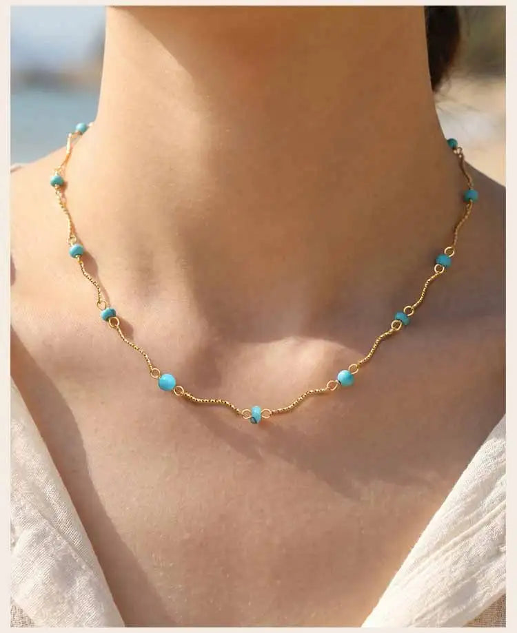 Waterproof Turquoise Necklace Gold Plated Stainless Steel Non-tarnish Wavy Link Chain Bead Choker Necklace Summer Boho Jewelry