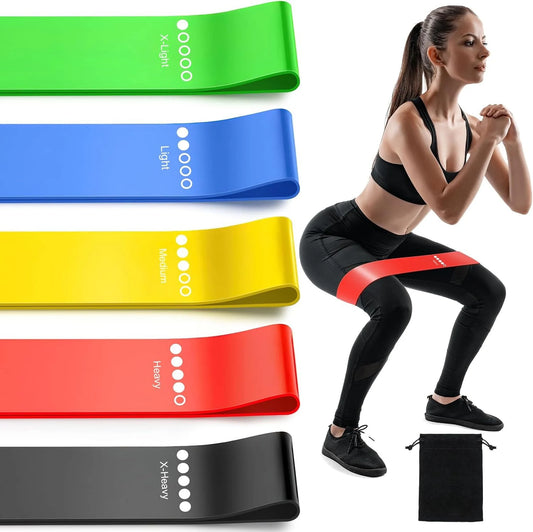Resistance loop bands set with five colors: green, blue, yellow, red, black, plus bag