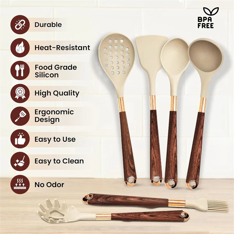 LMETJMA Silicone Kitchen Utensil Set 10 Pcs Cooking Utensil with Utensils Holder Wooden Pattern Handles Nonstick Cookware JT264