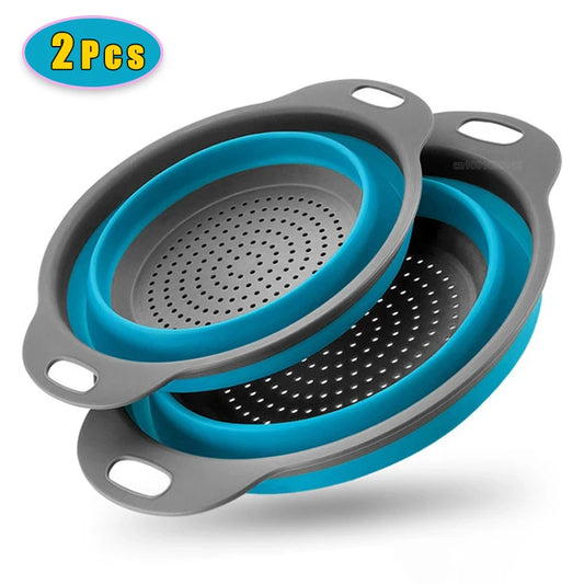 Collapsible silicone drain basket colander, gray with blue strainer insert and handles
