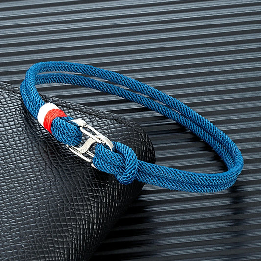 Blue braided rope bracelet with double push carabiner clasp, red stripe accent