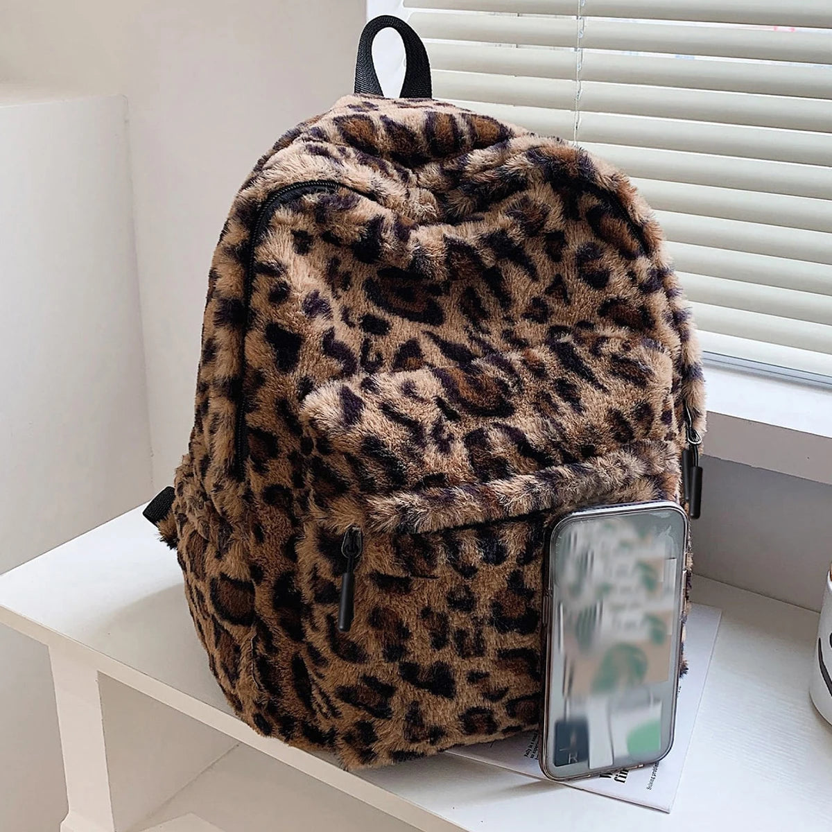 Luxury Brown Leopard Pattern Plush Womens Backpack Large Capacity Backpack Purse Multi Pocket Adjustable Straps For Commute