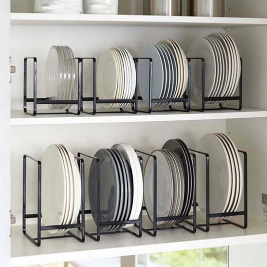 Countertop dish rack organizer with black metal plate holders for stacked dinner plates