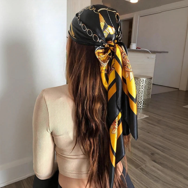 Luxury Brand Silk Satin Square Scarf Women Hijab Bandana Muslim Headscarves Shawl Wrap Ladies Headband Neckerchief Foulard 90cm