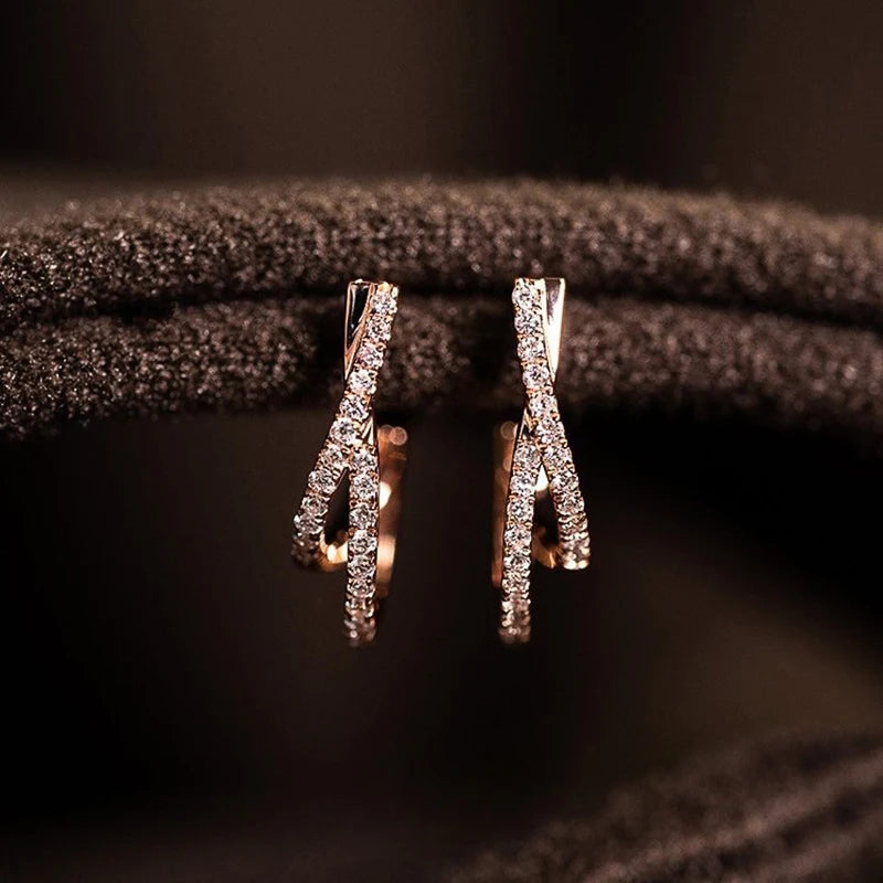 Huitan Rose Gold Color Women Hoop Earrings Cross Design Trendy Party Elegant Lady Wedding Accessories Inlaid Shiny CZ Jewelry