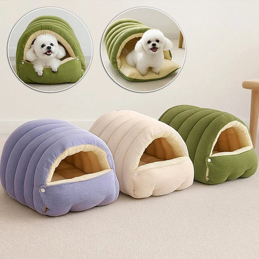 Plush cat cave bed set with purple, cream, and green dome houses and soft inner padding