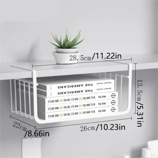White wall shelf organizer with front basket for books and small items