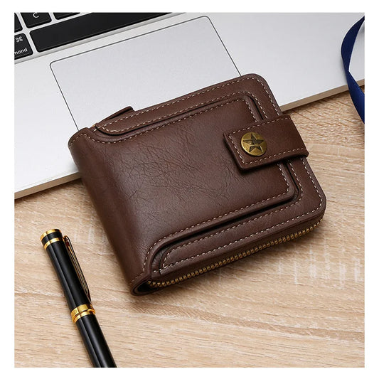 Brown PU leather tri-fold wallet with coin zipper pocket and stitched edges