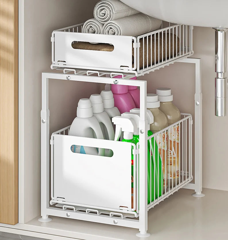 Kitchen Sink Storage Rack Pull-Out Basket Double Layer Spice Snack Bottle Can Organizer Cabinet Multi-level Shelf