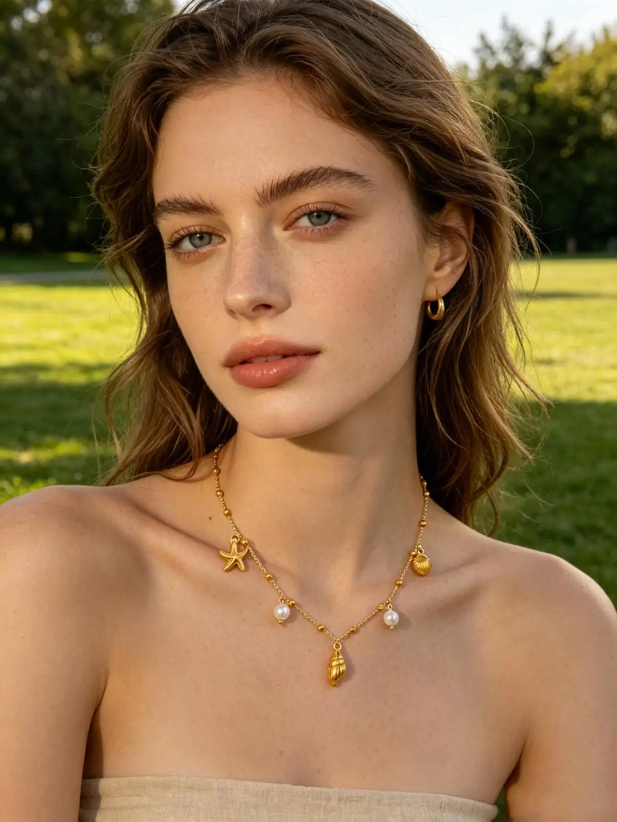 18K Gold Plated Pearl, Shell, Conch, Starfish Summer Beach Necklace for Women, Stainless Steel Waterproof Charm Jewelry