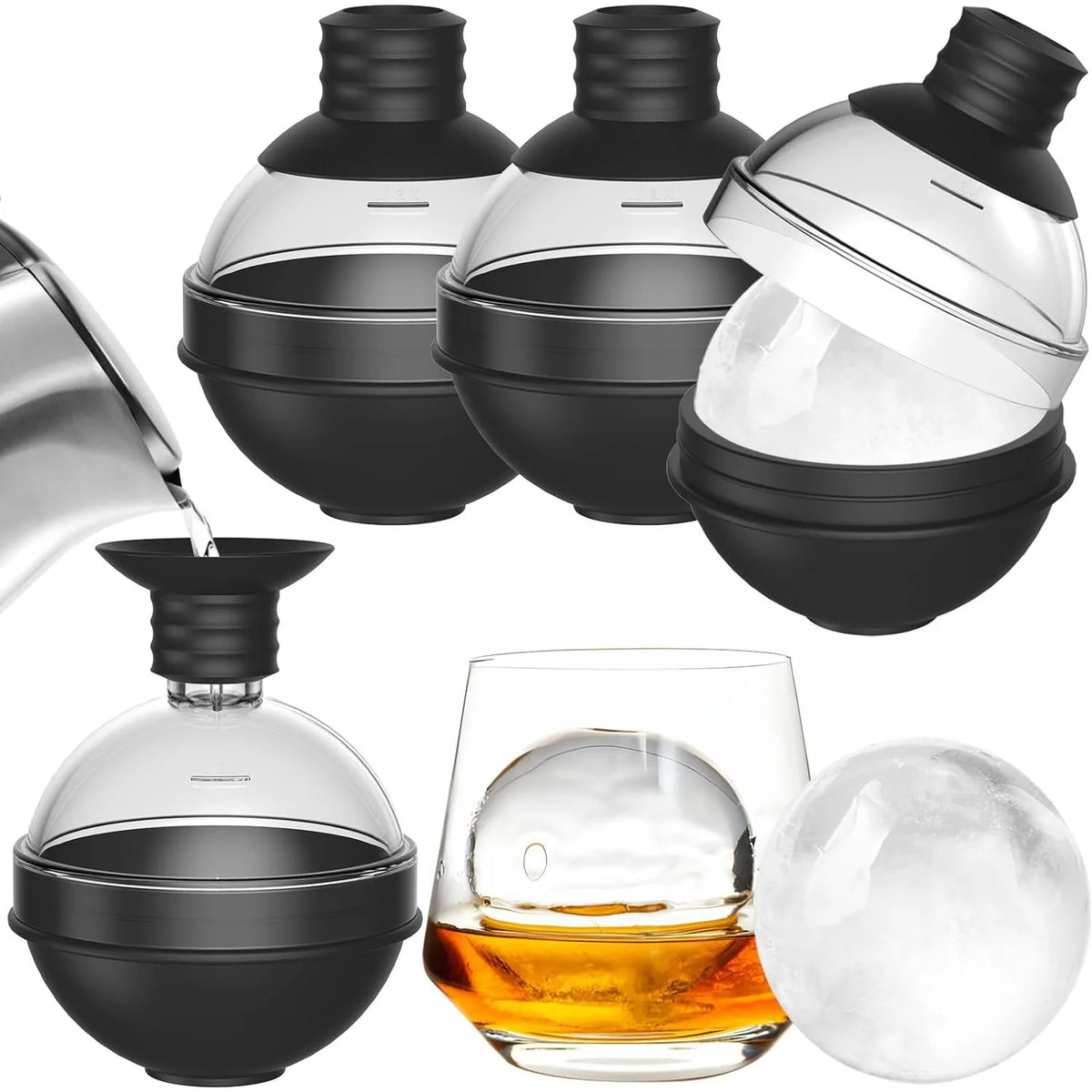 1/4Pack Silicone Ice Ball Maker 2.4Inch Whiskey Large Sphere Ice Mold with 2in1 Funnel Lid Cocktails Ice Cube Tool Kitchen Acces