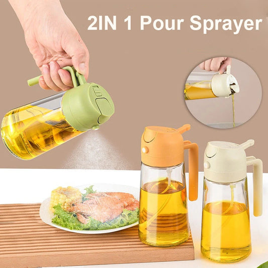 Dual-purpose oil sprayer bottle with green cap and clear oil reservoir, glass style
