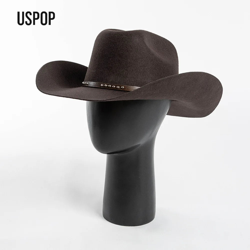 USPOP Autumn Winter Western Cowboy Hat Unisex Casual Studded Wool Felt Hat with Belt  Large Size Fedora Available in Sizes S-XL