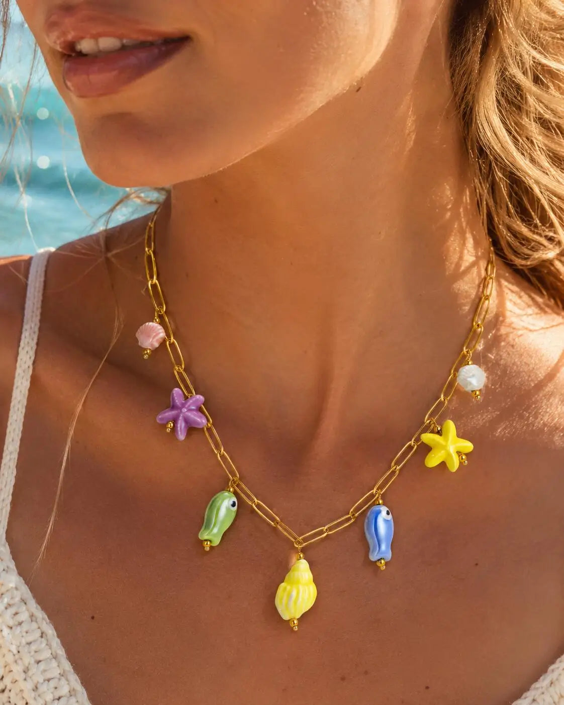 18K Gold Plated Pearl, Shell, Conch, Starfish Summer Beach Necklace for Women, Stainless Steel Waterproof Charm Jewelry
