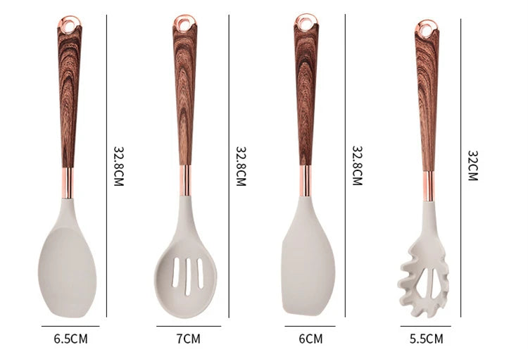 LMETJMA Silicone Kitchen Utensil Set 10 Pcs Cooking Utensil with Utensils Holder Wooden Pattern Handles Nonstick Cookware JT264