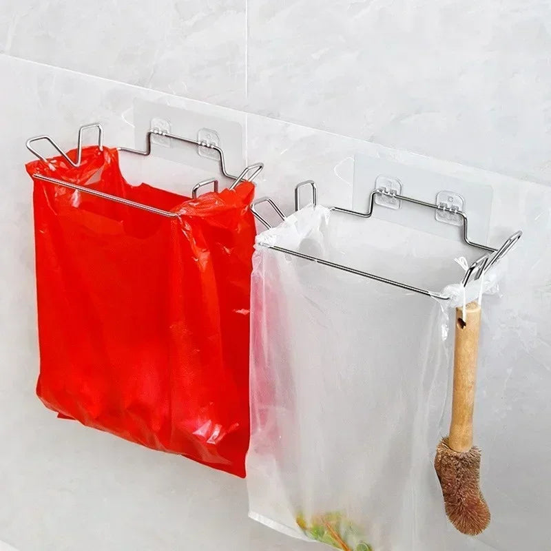 Two-bag stainless trash can rack with red and white liners clipped to hooks