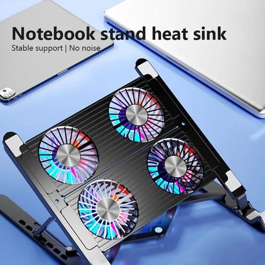 Black four-fan laptop cooling pad stand with adjustable legs and angled support tray