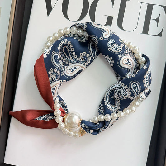 Navy paisley silk scarf neck wrap with pearl magnetic clasp and fringe detail