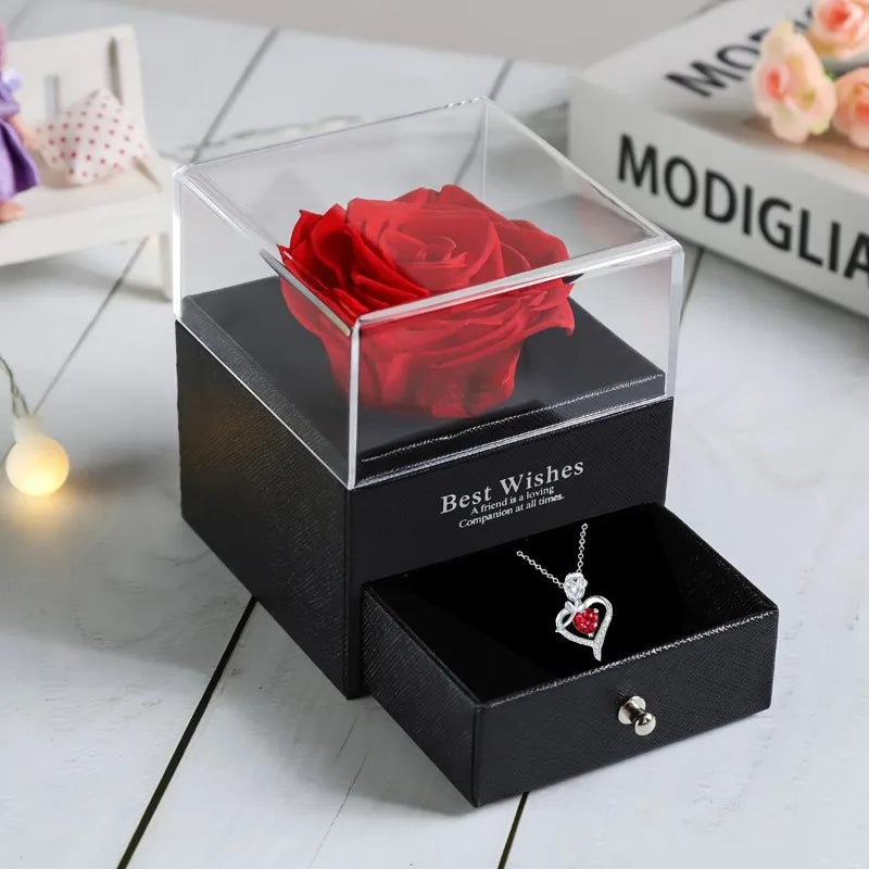 Rose Box Heart Pendant Necklace, I Love You Jewelry Gift for Mom, Wife, Lover, Daughter, Girlfriend, Christmas Best Friend