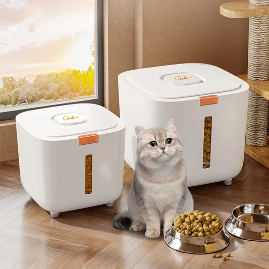 White pet food storage bucket with airtight lid, side window, and orange latch