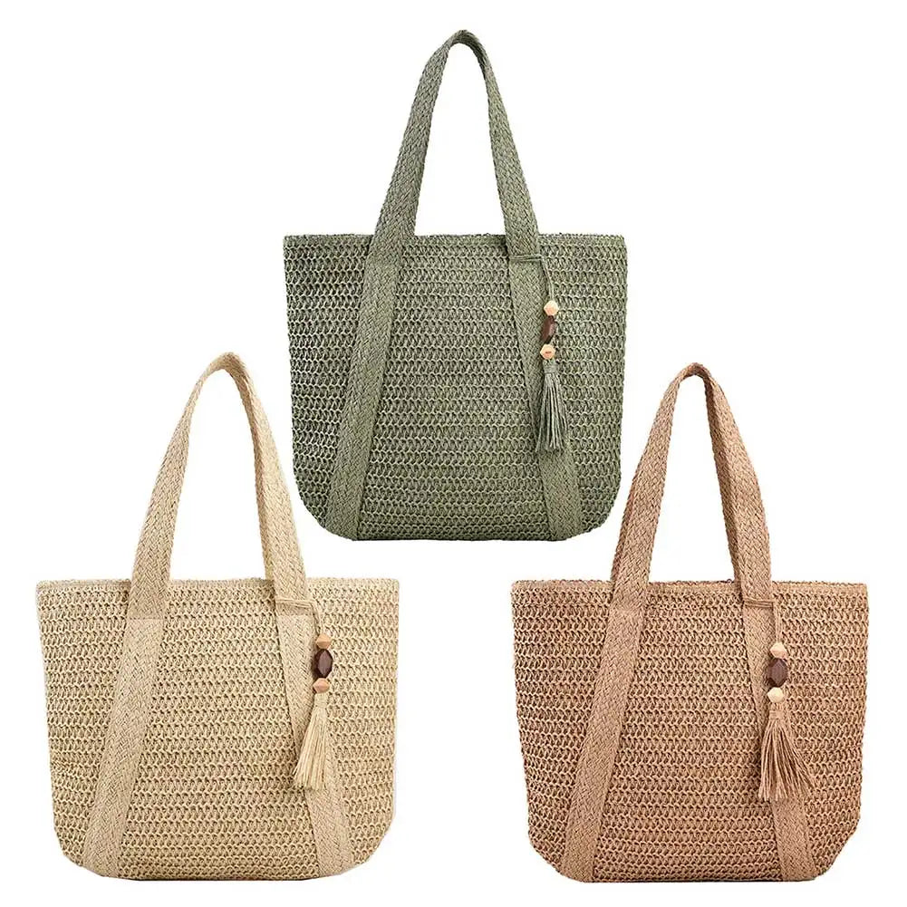 Summer Straw Women Bag Hand-Woven Handbags Handmade Raffia Beach Boho Shoulder Bag Large Tote Bag Tassel Shopping Purses