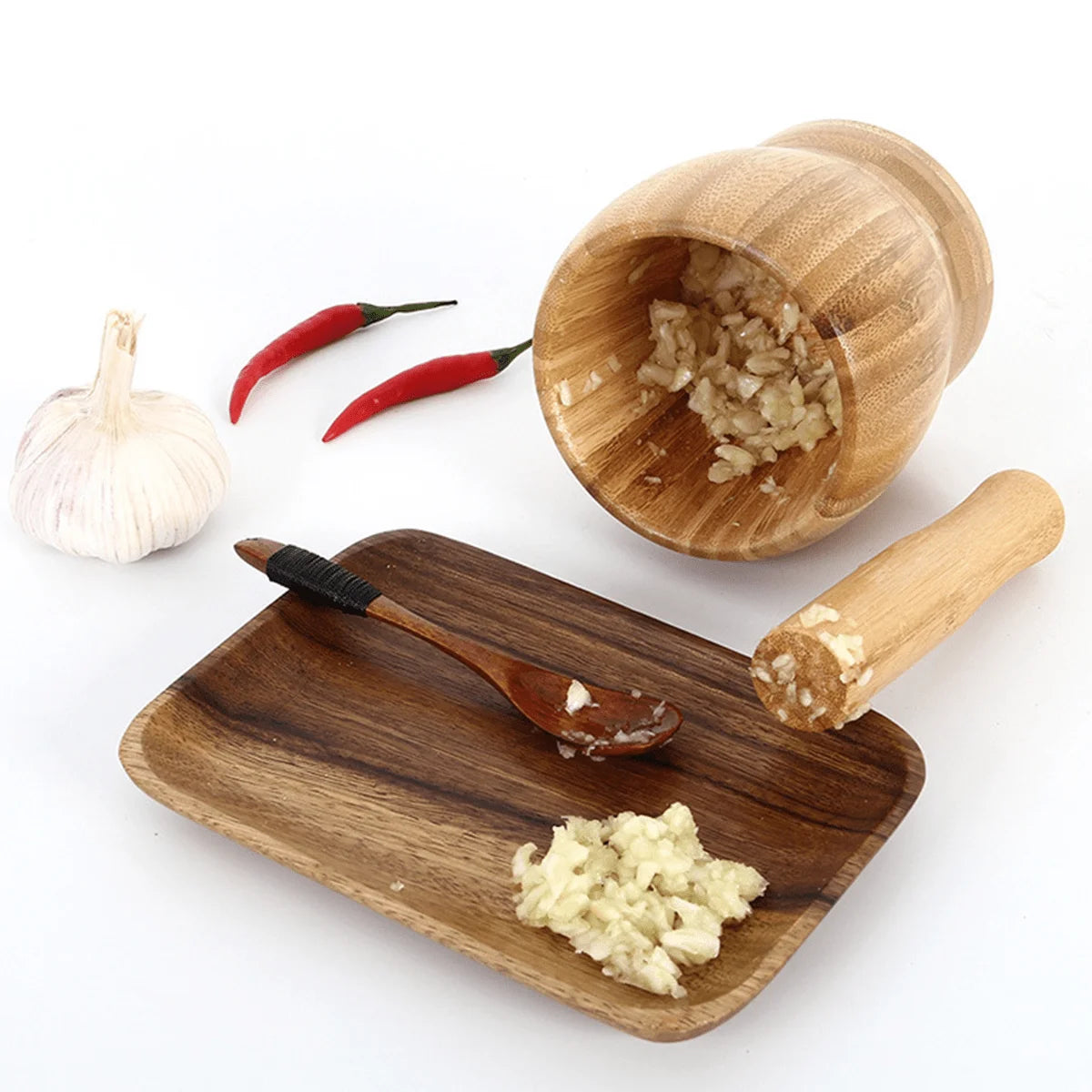 Leeseph Bamboo Mortar and Pestle Set, Garlic Grinder, Herb Spice Masher, Seasoning Crusher, Kitchen Tool for Mash Spices Pepper