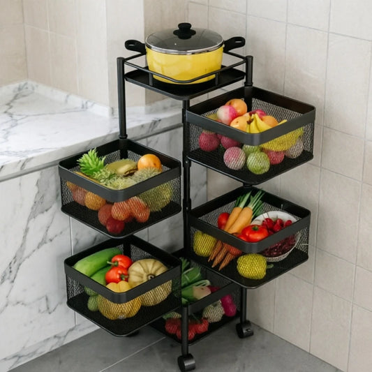 Black corner kitchen storage trolley with four mesh baskets and rolling casters