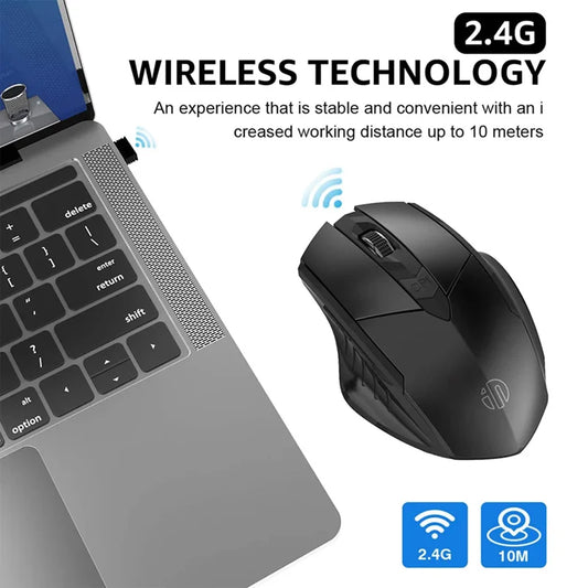 Black wireless mouse with 2.4G wireless range icons