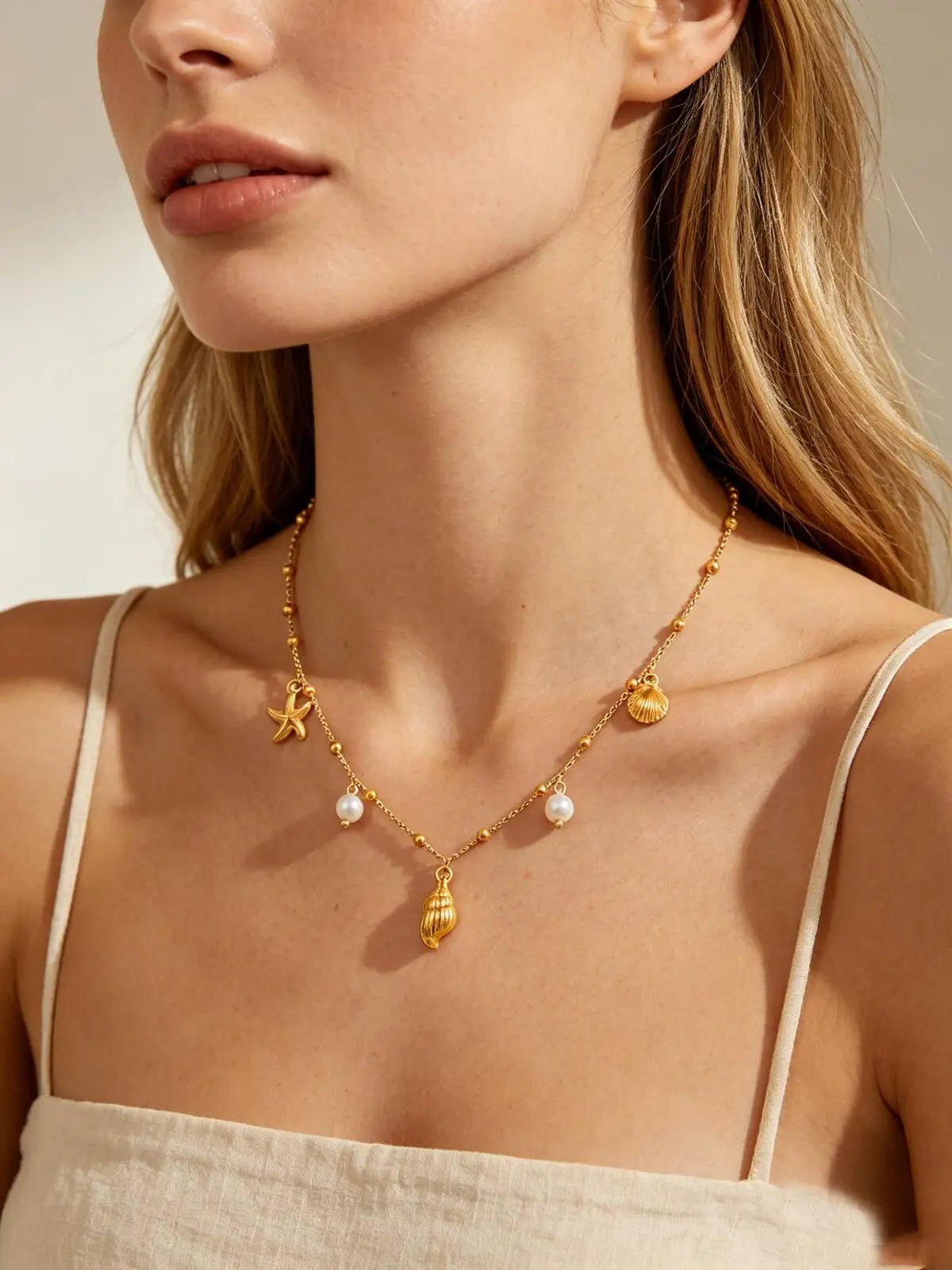 18K Gold Plated Pearl, Shell, Conch, Starfish Summer Beach Necklace for Women, Stainless Steel Waterproof Charm Jewelry