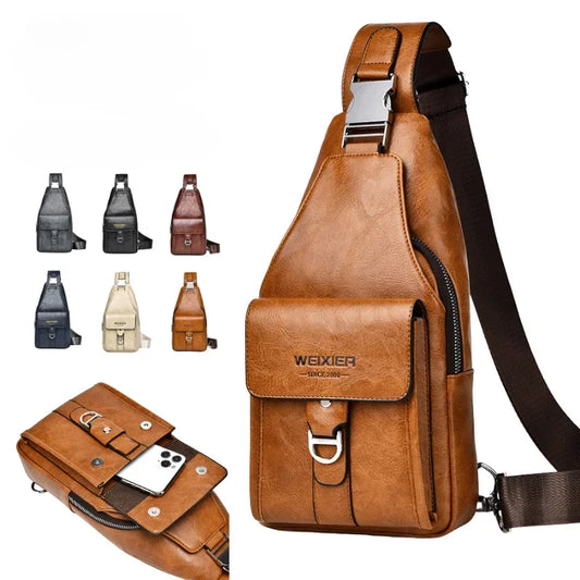 Brown PU leather chest bag, front flap pocket, metal clasp strap, side zipper