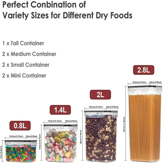 Stackable container set size chart with tall, medium, small, and mini airtight containers
