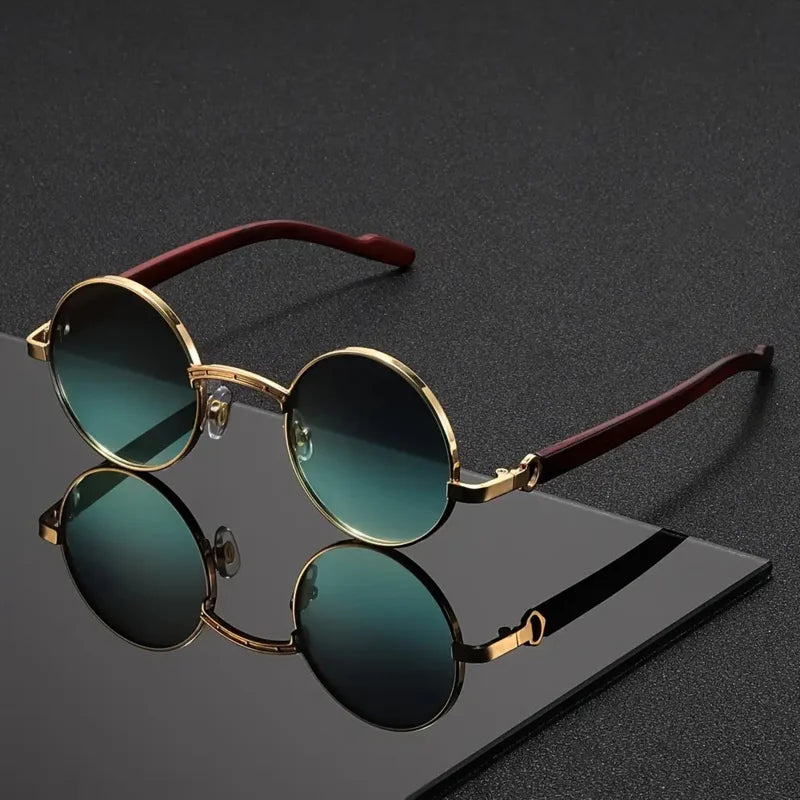 1pc SunGlasses, Retro Fashion Glasses For Men And Women, Metal Glasses With Imitation Wood Grain Temples