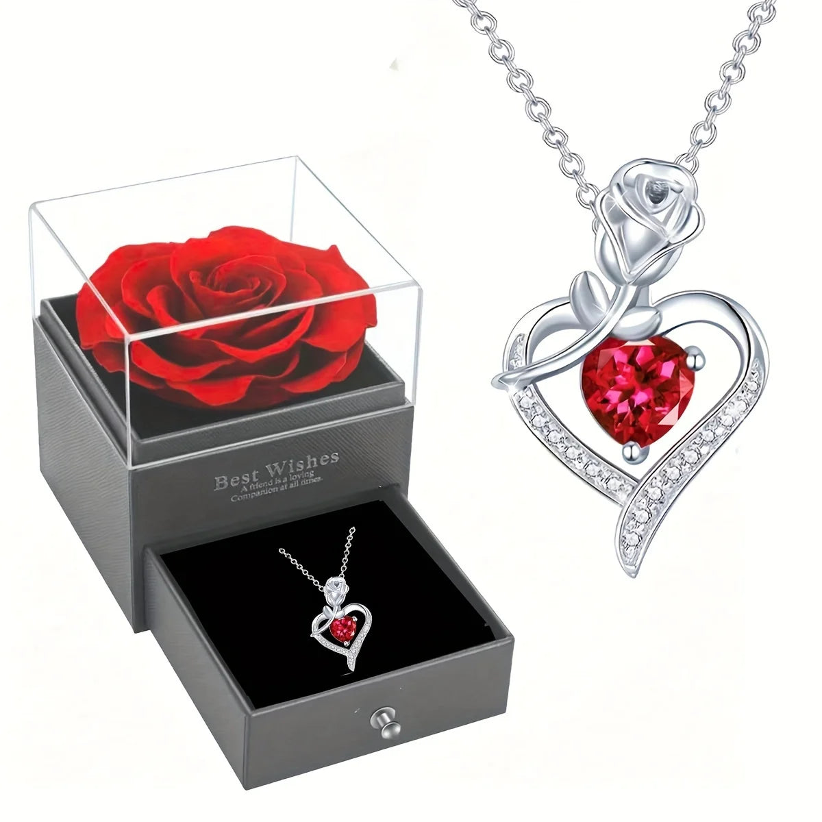 Rose Box Heart Pendant Necklace, I Love You Jewelry Gift for Mom, Wife, Lover, Daughter, Girlfriend, Christmas Best Friend