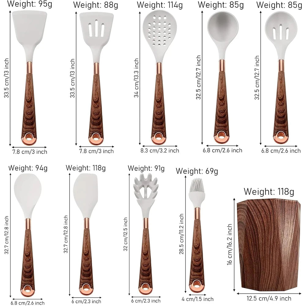 LMETJMA Silicone Kitchen Utensil Set 10 Pcs Cooking Utensil with Utensils Holder Wooden Pattern Handles Nonstick Cookware JT264