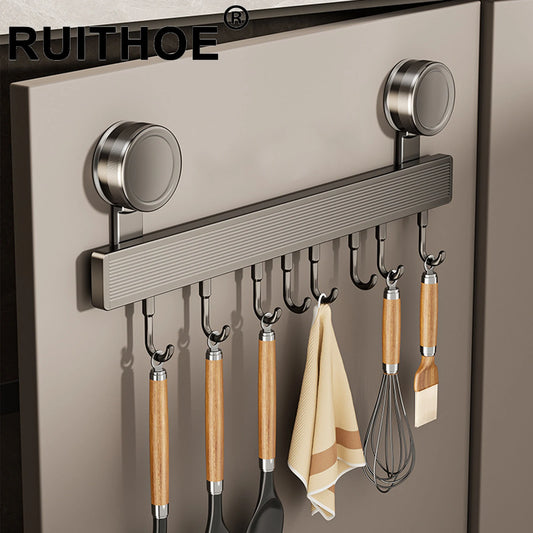 Grey aluminum hook rack with suction cups and multiple chrome hanging hooks