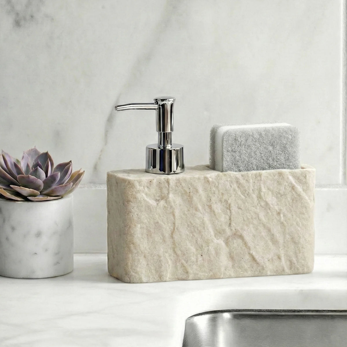Kitchen Soap Dispenser with Sponge Holder, 2-in-1 Resin Stone Texture Dish Soap Pump and Caddy Organizer for Kitchen