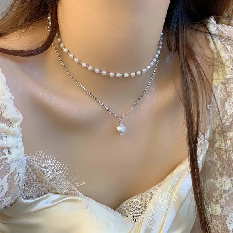 2026 New Fashion Gold Color Pearl Choker Necklace For Women Girl Simple Double Layer Neck Chain Necklace Jewelry Gift
