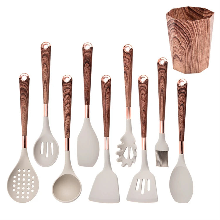 LMETJMA Silicone Kitchen Utensil Set 10 Pcs Cooking Utensil with Utensils Holder Wooden Pattern Handles Nonstick Cookware JT264