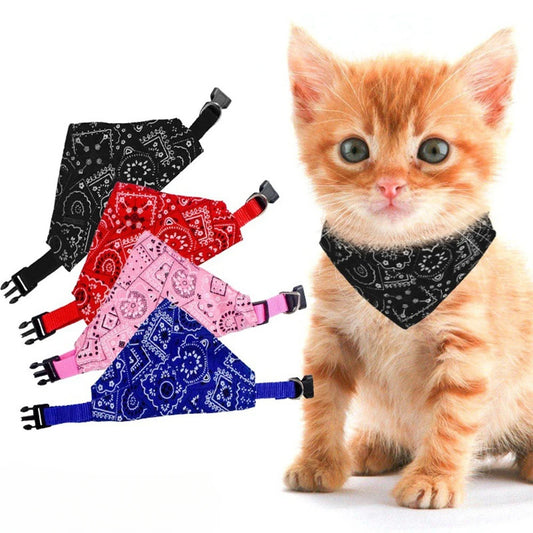Black pet triangle scarf with adjustable collar strap, white printed bandana pattern